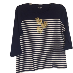 KIM ROGERS XL Navy White  Pit to Pit 22 1/4"  Cotton 3/4 length sleeves  Preworn